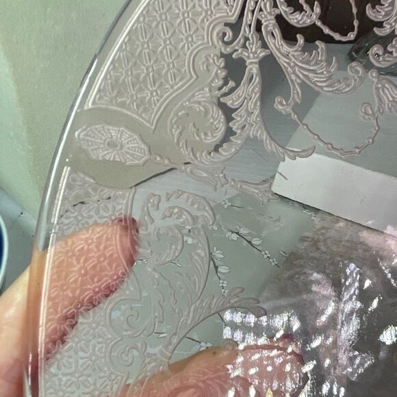Pink Depression glass etched floral scroll pattern oval platter handle. - Picture 10 of 13
